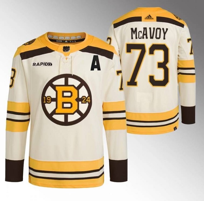 Men's Boston Bruins #73 Charlie McAvoy Cream With Rapid7 Patch 100th Anniversary Stitched Jersey
